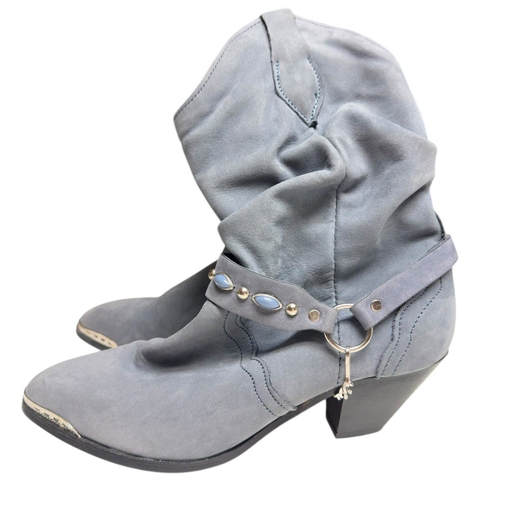 Gray Western Slouch Ankle Boots with Studded Strap 7